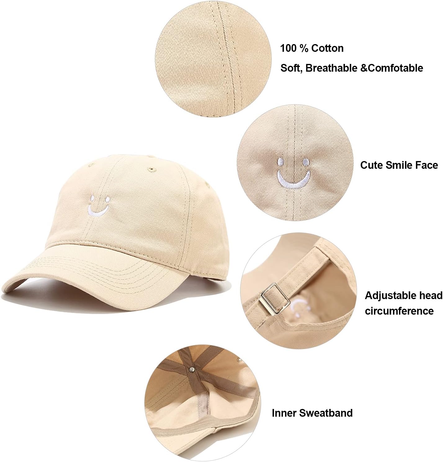 Smile Face Baseball Cap Vintage Distressed Low Profile Unstructured Cotton Dad Hat Adjustable for Women Men